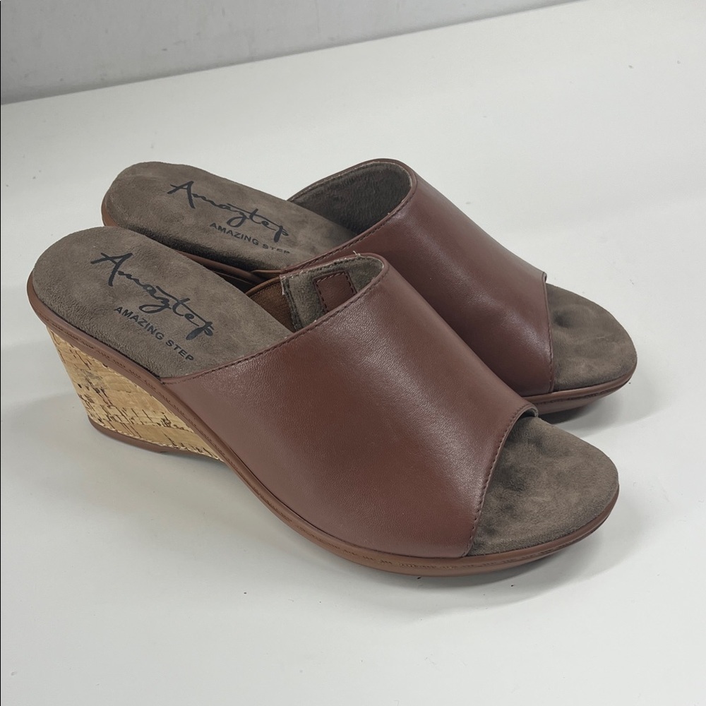 New Amaztep Women's  Wedge Leather Sandal Open Toe Slip On in Brown Size 7.5W